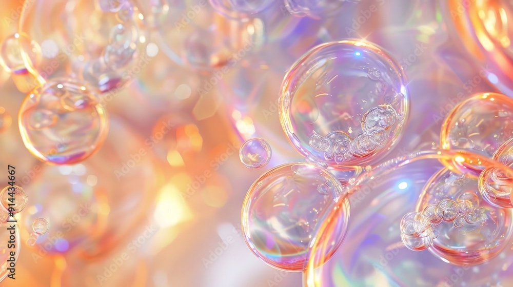 Poster a captivating image of iridescent bubbles floating in a soft pastel background, symbolizing dreams, 