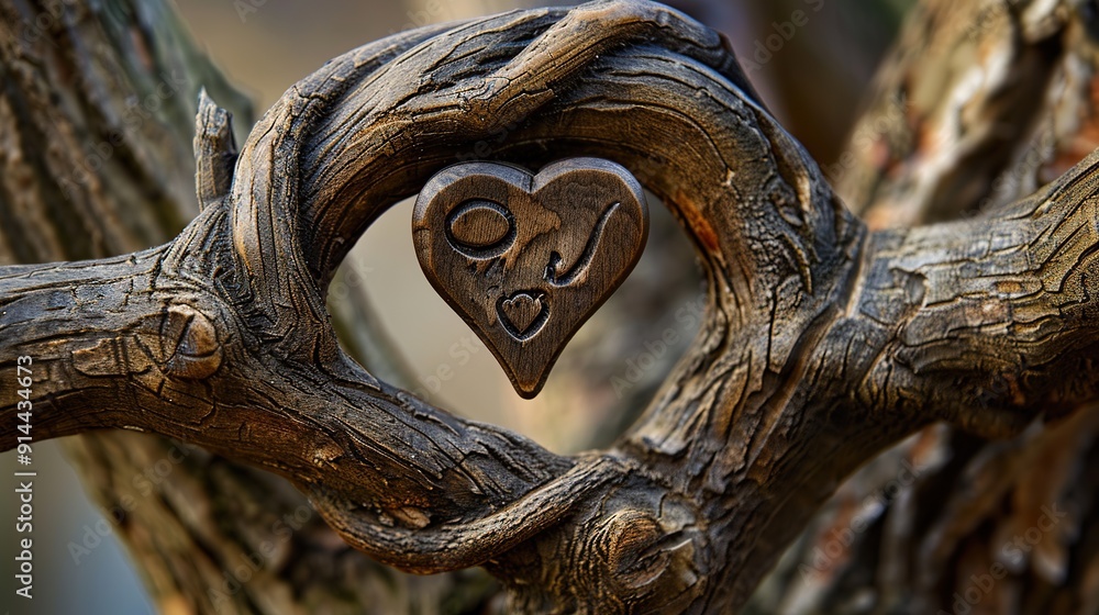 Poster two intertwined tree branches with carved initials and a heart, representing a lasting friendship.