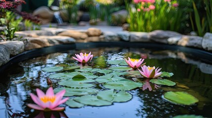 A peaceful garden pond filled with lilies, providing a serene and tranquil setting perfect for relaxation and reflection.