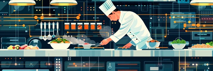 A chef in a modern kitchen preparing a meal, symbolizing innovation, technology, culinary art, and the future of food.