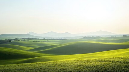 Obraz premium A peaceful countryside landscape with gentle rolling hills under a clear sky, offering a serene and expansive view.