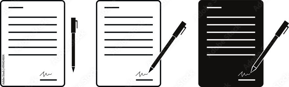 Aufkleber set of pen signing contract line and solid symbol, notebook signing, document signing with pen, signature vector symbol, form sign, vector graphics.