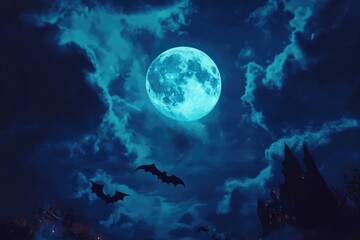 Bats Flying in Front of a Blue Moon and a Silhouetted Castle