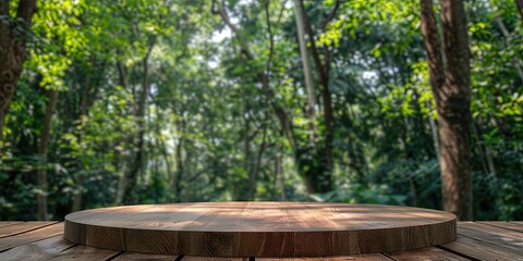 empty wood podium for product display, forest 