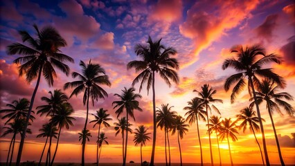 Silhouettes of Serenity: A Row of Palm Trees Against a Cotton Candy Sunset  Generative AI