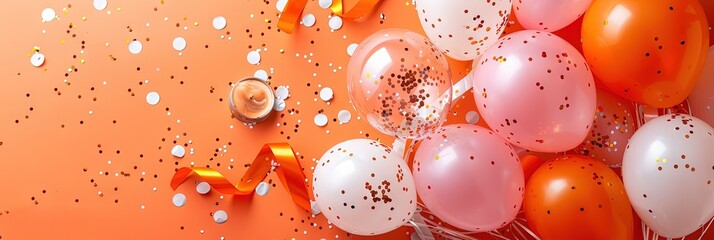 birthday balloons, confetti, ribbons, orange, white, pink, copy space 