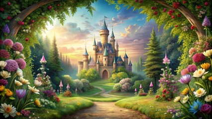 Fantasy castle surrounded by a seamless background of floral and nature-themed elements, fantasy, castle,floral