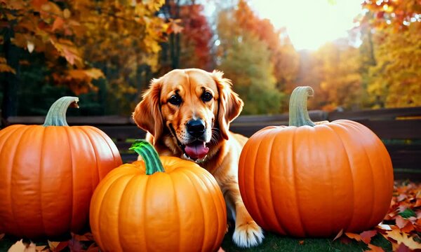 A Golden Retriever relaxes among Halloween pumpkins and fall foliage in the backyard, enjoying the autumn season