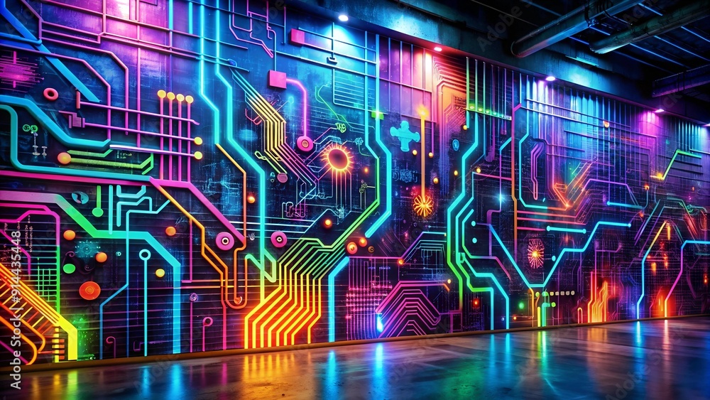 Poster neon grid symphony: a cyberpunk graffiti mural of abstract data flow generative ai