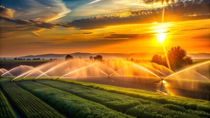 Obraz premium Sun-Drenched Fields: A Spraying Symphony AI generated