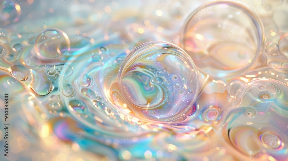 Poster a close-up shot of iridescent bubbles reflecting light, showcasing abstract patterns and textures. t