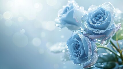 A cluster of delicate blue roses adorned with sparkling dew drops, symbolizing love, purity, and serenity, captured against a soft, dreamy backdrop.