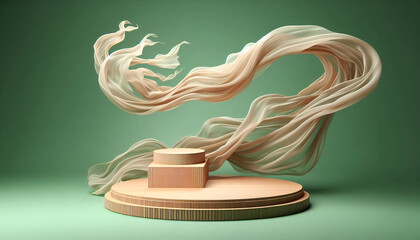 3D rendering green podium, green background, Beauty cosmetic product presentation stand, Luxury feminine mockup 3d render advertisement. Premium podium with copy space.