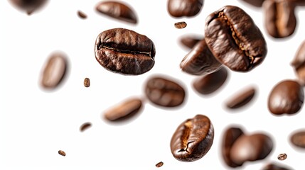 Flying coffee beans on isolated background