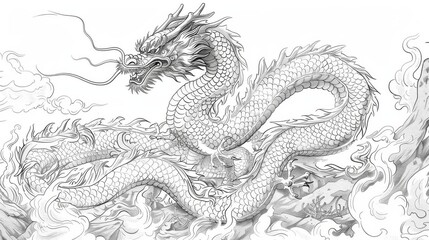 Fototapeta premium Delicate line art of a Chinese dragon, Chinese dragon, subtle and refined