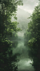 Peaceful Natural Landscape with Lush Forest and Gently Flowing River at Dawn or Dusk