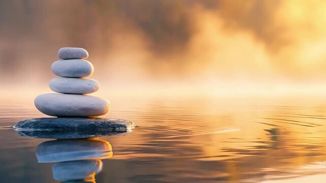 Zen stones stack on calm lake water at golden sunrise or sunset, balance and mindfulness