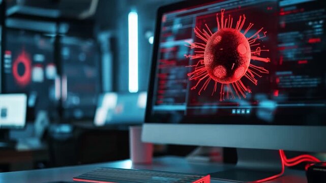 Computer screen displaying with red alert virus symbol, warning message with detected malware threat, cybersecurity at modern office