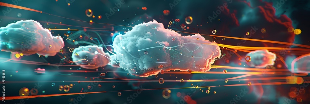 Poster a digital illustration of cloud computing, featuring abstract clouds with glowing lights and lines, 
