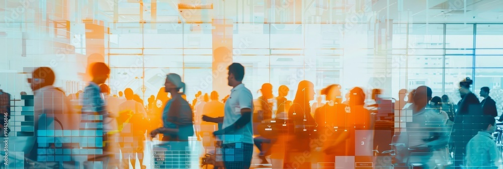 Poster a diverse group of people are networking and collaborating in a modern office building, symbolizing 