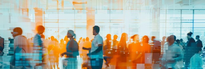 A diverse group of people are networking and collaborating in a modern office building, symbolizing teamwork, communication, and innovation.