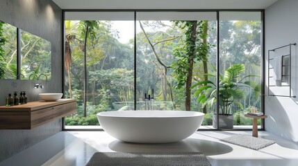 Fototapeta premium The opulent jungle bathtub is cocooned by dense foliage of lush green plants, cultivating a tranquil and exotic ambiance