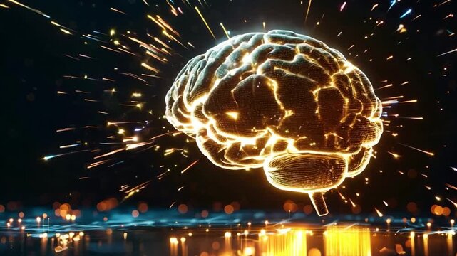 Golden brain hologram with glowing sparks and energy splashes on dark background, concept of creativity and genius mind