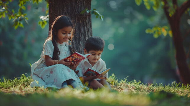Young girl and boy reading together in a lush green park