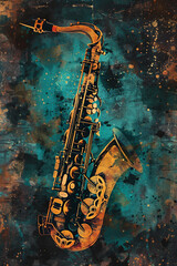 Naklejka premium Vibrant image of a saxophone on an abstract background with blue, purple, and orange tones. Perfect for illustrating musical, artistic, and creative themes.. Generative AI.