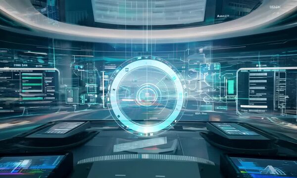 Immerse in a cutting-edge control center featuring a stunning holographic cityscape. Technology and urban planning