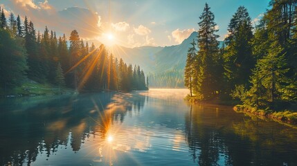 Naklejka premium Morning on the lake in the sunshine