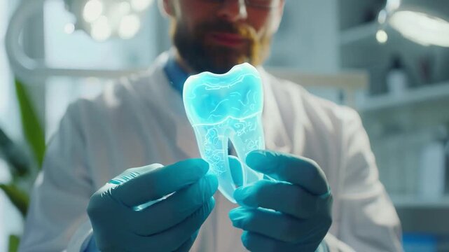 Dentist holding holographic tooth examining enamel and roots in dental clinic, advanced stomatology