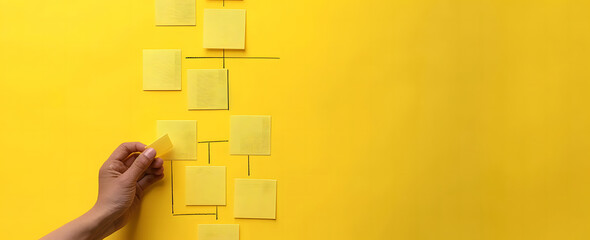 Business process and workflow automation with flowchart. Hand-holding wooden cube block arranging processing management on a yellow background design