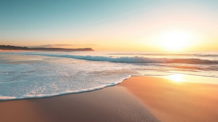 Obraz premium A serene sunrise over a tranquil beach with gentle waves, casting a warm glow on the sand and sky, perfect for a peaceful and inspiring scene.