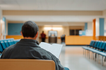 Man reading a book while sitting in a waiting room with empty chairs and blurred background