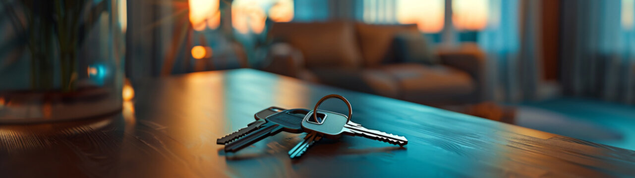 Generative Ai image of a Keys on the table in new apartment or hotel room. Property concept