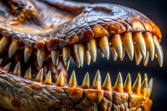A close up of a dinosaur's mouth with sharp teeth. The teeth are brown and appear to be worn down