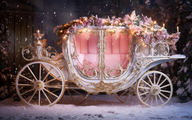 A beautifully ornate fairy tale carriage adorned with pink flowers and lights set against a snowy magical winter backdrop