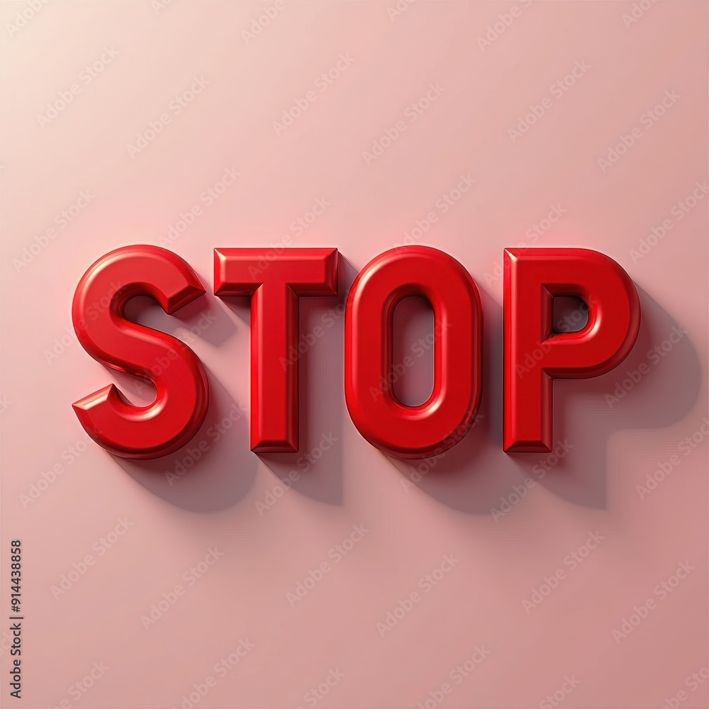 Aufkleber red 3d 'stop' text on a soft pink background casting a slight shadow.