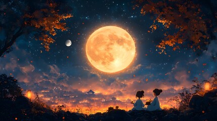 Whimsical Japanese Moon Festival with animated characters enjoying mooncakes tea and admiring the full moon