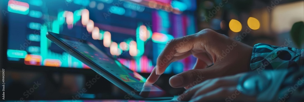 Poster a hand interacts with a tablet, analyzing stock market data displayed on a monitor in the background