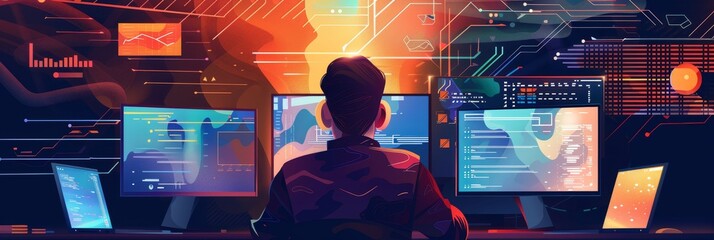 A lone hacker sits in front of multiple computer screens, surrounded by glowing digital data, symbolizing the power of technology, data analysis, coding, cybersecurity, and digital transformation.