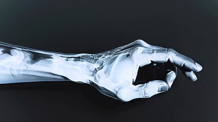 X-ray transforming into human hand over dark background, human anatomy concept