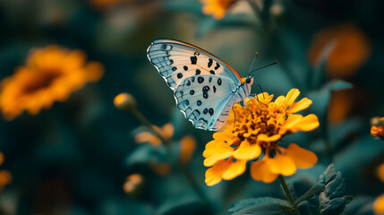 Obraz premium Photo of a butterfly on yellow flowers, macro shot, the butterfly is white with black dots, blurry background, in the style of unsplash photography