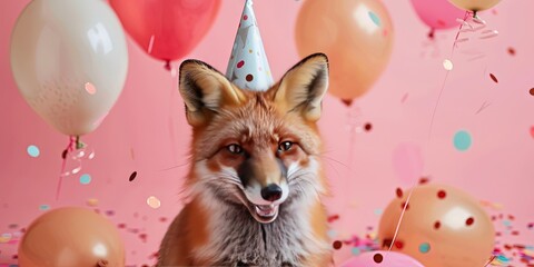 happy red fox, party hat, balloons, confetti, solid background, copy space 