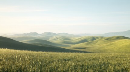 Obraz premium A tranquil countryside scene with rolling hills and a clear sky, perfect for creating a serene and expansive visual.