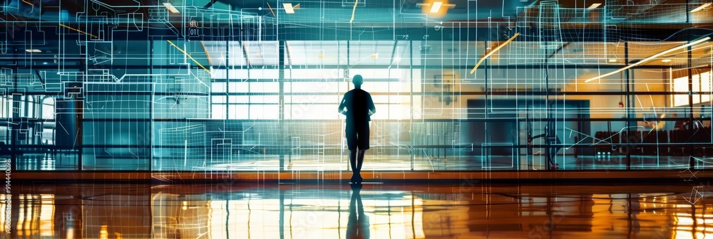 Poster a man stands in an office space, looking through a window at a digital network of data lines and inf