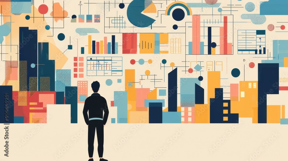 Poster a man stands in front of a colorful, data-filled wall, representing the overwhelming amount of infor
