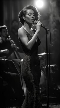 Elegant black singer in a long evening gown on stage with a jazz band. Black and white vertical shot