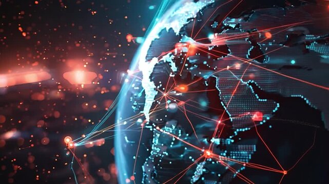 Illuminated world globe with digital map representing global connections, technology integration on planet Earth